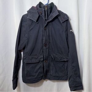 Abercrombie & Fitch Men Blue Hooded Buffalo Plaid Lined Military Coat Jacket S